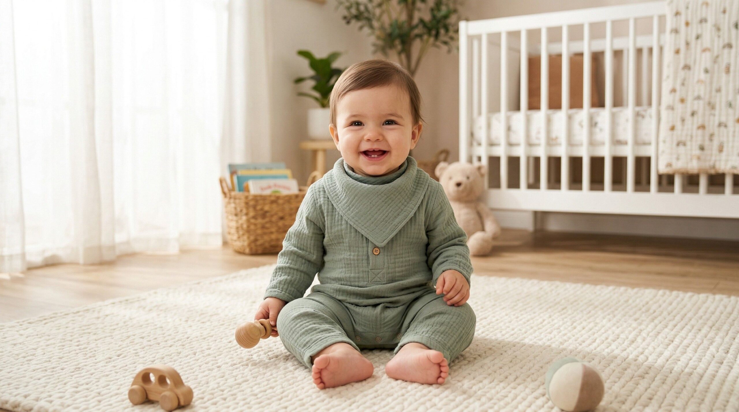 Baby mit musselin overall
